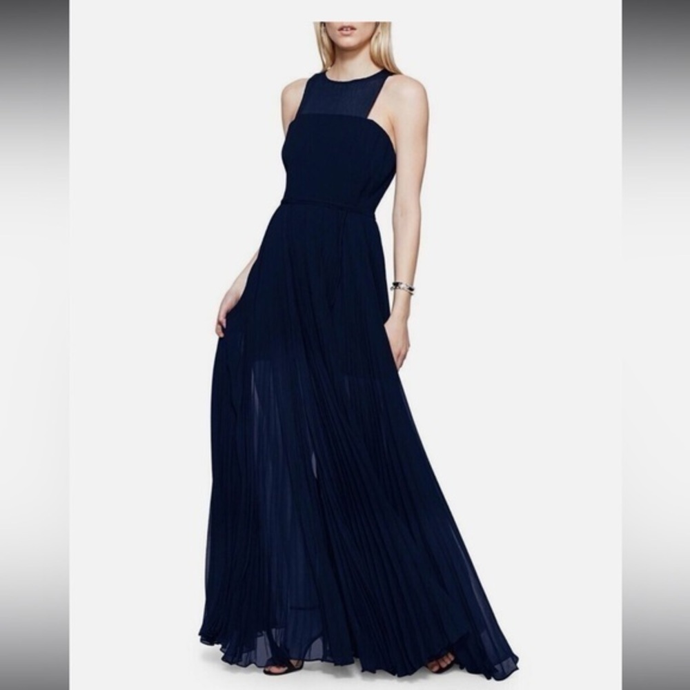 Fame and Partners navy blue pleated overlay sleeveless long gown size 8